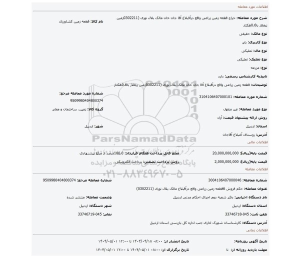 مزایده، قطعه زمین زراعی واقع درآقبلاغ آقا جان خان مالک بلال نوری (0302211زمین زیغلار با0.6هکتار