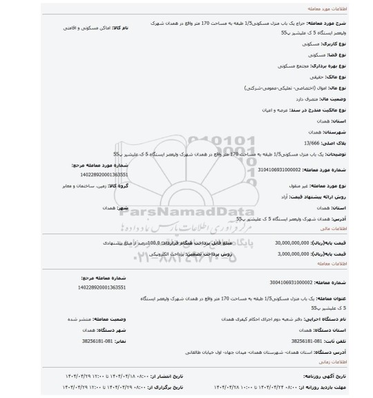 مزایده، یک باب منزل مسکونی1/5 طبقه به مساحت 170 متر واقع در همدان شهرک ولیعصر ایستگاه 5 ک علیشیر پ55