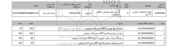 استعلام لوله و اتصالات حرارتی 4 اینچ