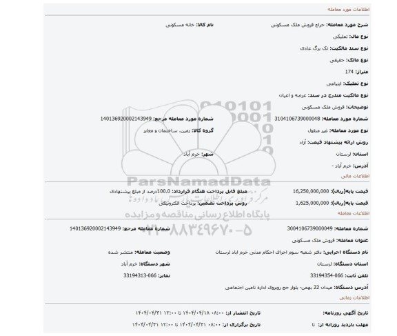 مزایده، فروش ملک مسکونی