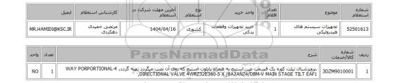 استعلام تجهیزات سیستم های هیدرولیکی