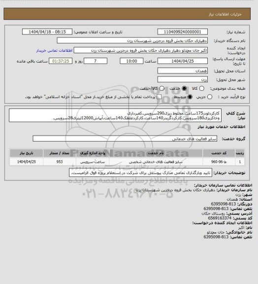 استعلام کارکردلودر175ساعت.مخلوط ریزی290سرویس.کفبرداری وخاکریزی180سرویس.کارکردگریدر140ساعت.کارکردغلطک140ساعت.آبپاش12000لیتری28سرویس.
