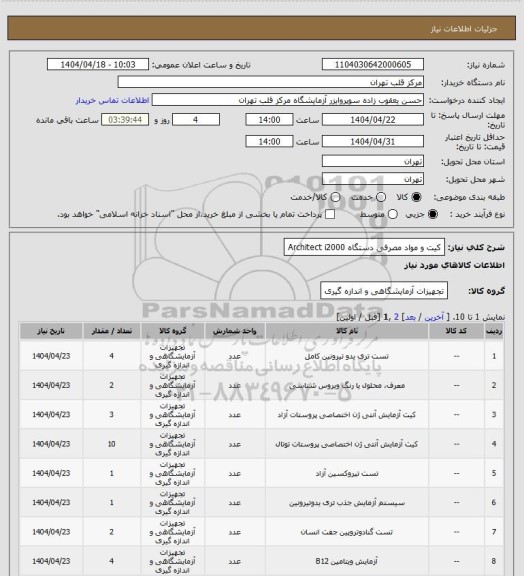 استعلام کیت و مواد مصرفی دستگاه Architect i2000