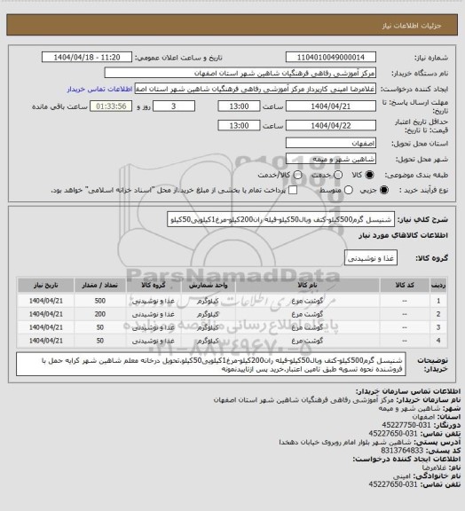 استعلام شنیسل گرم500کیلو-کتف وبال50کیلو-فیله ران200کیلو-مرغ1کیلویی50کیلو