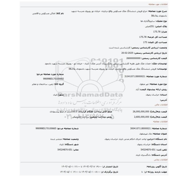 مزایده، فروش ششدانگ ملک مسکونی واقع درتایباد- خیابان نور روبروی مدرسه شهید دادمحمدی پلاک58