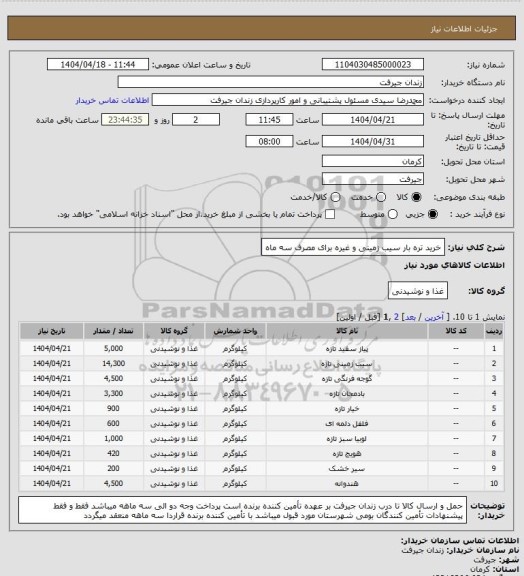 استعلام خرید تره بار سیب زمینی و غیره برای مصرف سه ماه