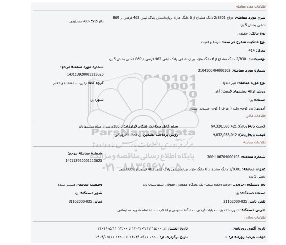مزایده، 2/8301 دانگ مشاع از 6 دانگ مازاد بربازداشتی پلاک ثبتی 463 فرعی از 869 اصلی بخش 5 یزد
