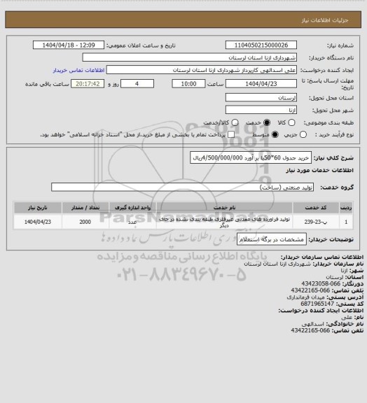 استعلام خرید جدول 60*50با بر آورد 4/500/000/000ریال