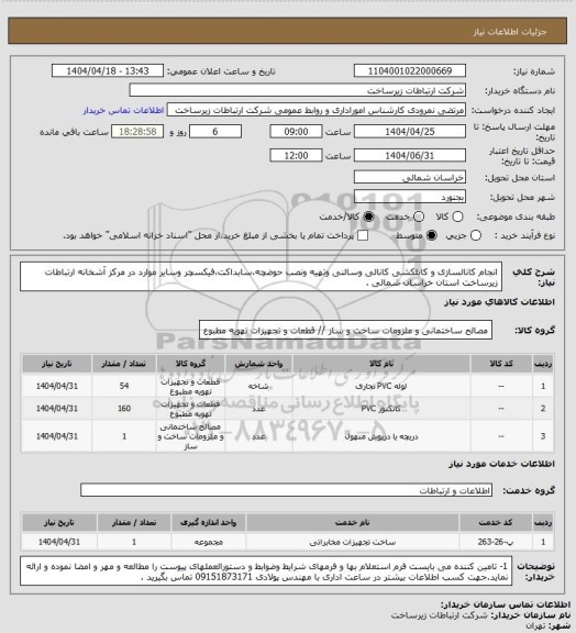 استعلام انجام کانالسازی و کابلکشی کانالی وسالنی وتهیه ونصب حوضچه،سابداکت،فیکسچر وسایر موارد در مرکز آشخانه  ارتباطات زیرساخت استان خراسان شمالی .