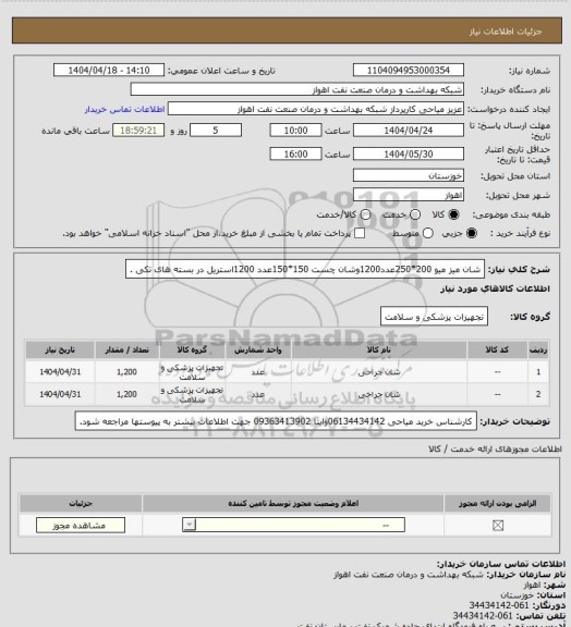 استعلام شان میز میو 200*250عدد1200وشان چست 150*150عدد 1200استریل در بسته های تکی .