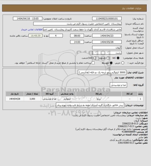 استعلام 3000 کیلوگرم برنج درجه یک دو الکه (هاشمی)