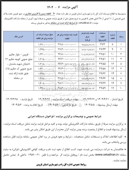 مزایده فروش تعداد 10 قطعه زمین با کاربری تجاری 