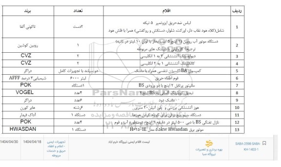 استعلام لیست اقلام ایمنی نیروگاه