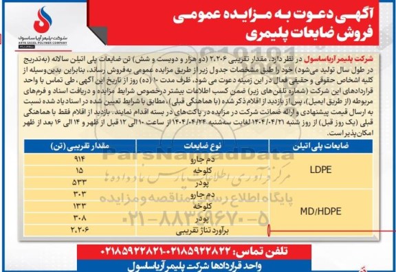 مزایده عمومی فروش ضایعات پلیمری