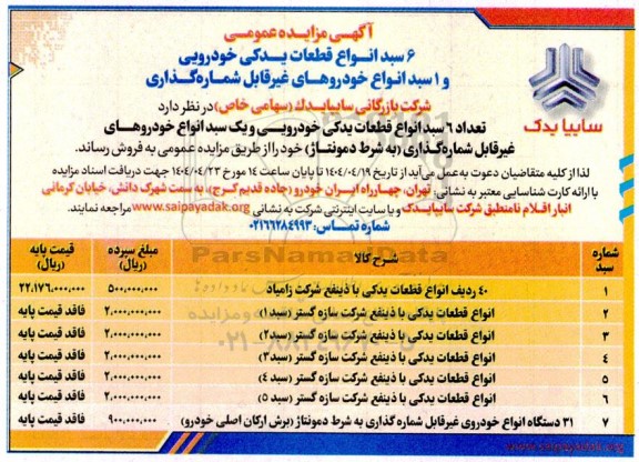 مزایده عمومی فروش 6 سبد انواع قطعات یدکی خودرویی و 1 سبد انواع خودروهای غیر قابل شماره گذاری ...