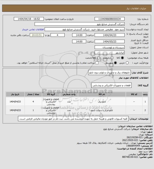 استعلام تابلوهای برق و تجهیزات و لوازم درون تابلو