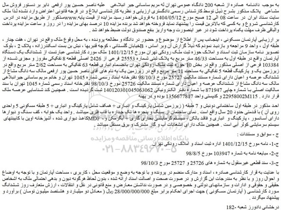 مزایده ششدانگ یک دستگاه آپارتمان