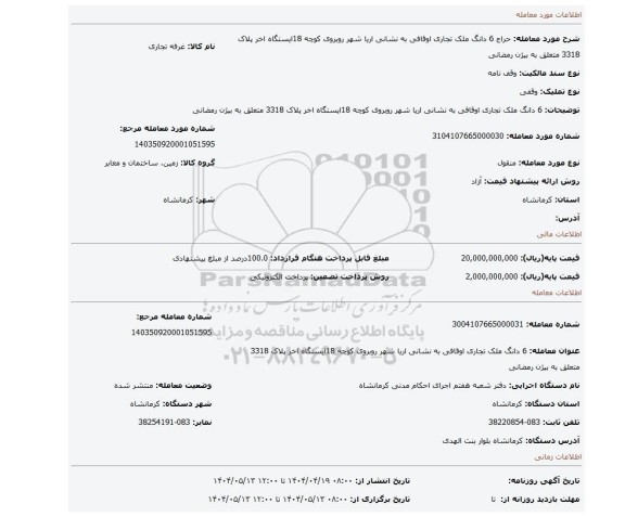 مزایده، 6 دانگ ملک تجاری اوقافی به نشانی اریا شهر روبروی کوچه 18ایستگاه اخر پلاک 3318 متعلق به بیژن رمضانی