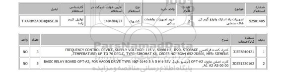 استعلام تجهیزات راه اندازی وانواع گرم کن های صنعتی