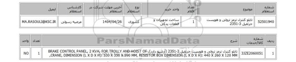 استعلام تابلو کنترل ترمز ترولی و هویست جرثقیل 3-2351