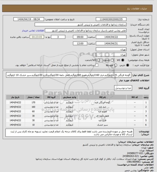 استعلام گوجه فرنگی 170کیلوگرم،خیار 160کیلوگرم،هویج 60کیلوگرم،فلفل دلمه 30کیلوگرم،قارچ 30کیلوگرم،سیر خشک 10 کیلوگرم