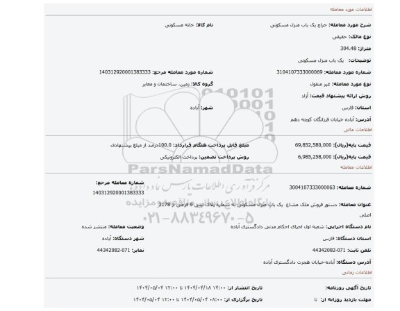 مزایده، یک باب منزل مسکونی