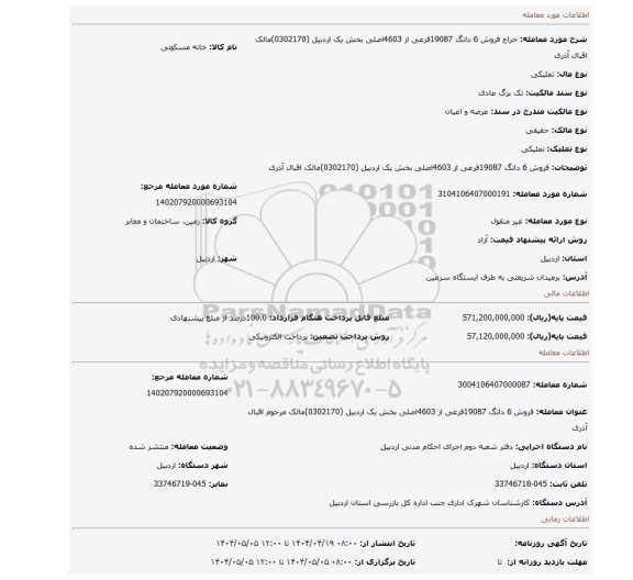 مزایده، فروش 6 دانگ 19087فرعی از 4603اصلی بخش یک اردبیل (0302170)مالک اقبال آذری