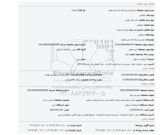 مزایده، تقسیم ترکه مال غیر منقول