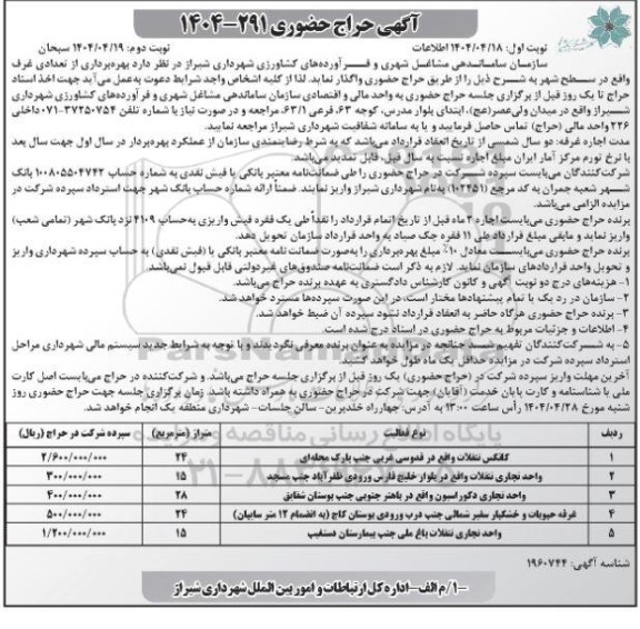 حراج حضوری بهره برداری از تعدادی غرف نوبت دوم