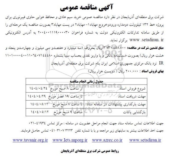 مناقصه خرید سیم هادی و محافظ هوایی فیبر نوری.
