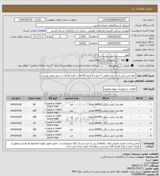 استعلام لوله پلی اتیلن آبده درون چاهی 4 اینج  و 5 اینج (pn25) با کلیه اتصالات استیل طبق پیوست