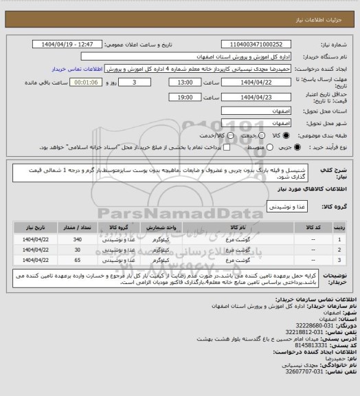 استعلام شنیسل و فیله باریک بدون چربی و غضروف و ضایعات .ماهیچه بدون پوست سایزمتوسط.بار گرم و درجه 1 شمالی قیمت گذاری شود.