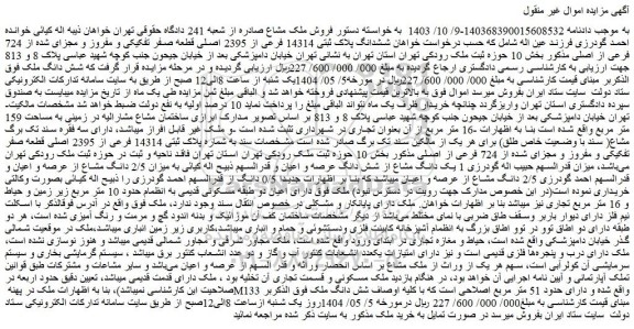 مزایده ششدانگ پلاک ثبتی 14314 فرعی از 2395 اصلی قطعه صفر تفکیکی و مفروز و مجزای شده از 724 فرعی از اصلی