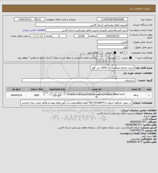 استعلام میزان مصالح مصرفی انبار 5000 تنی کوار