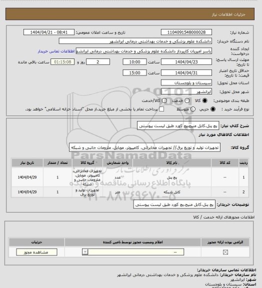 استعلام پچ پنل،کابل منیج،پچ کورد طبق لیست پیوستی
