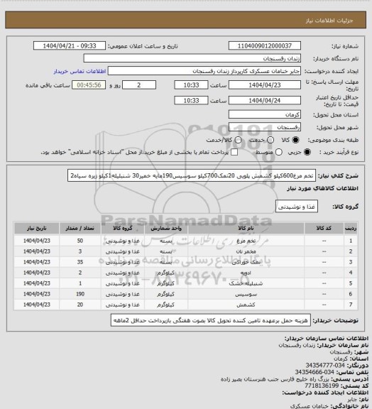 استعلام تخم مرغ600کیلو کشمش پلویی 20نمک700کیلو سوسیس190مایه خمیر30 شنبلیله1کیلو زیره سیاه2