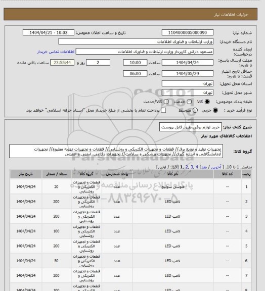 استعلام خرید لوازم برقی طبق فایل پیوست