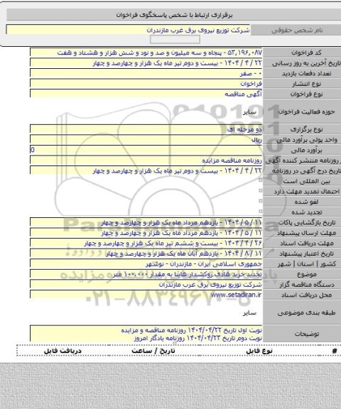 مناقصه, تجدید خرید هادی روکشدار هاینا به مقدار ۱۰۰.۰۰۰ متر