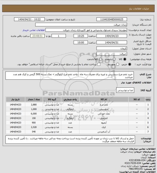 استعلام خرید تخم مرغ سوسیس و غیره برای مصرف سه ماه . واحد تخم مرغ کیلوگرم > نمک بسته 500 گرمی و کیک هم عدد میباشد