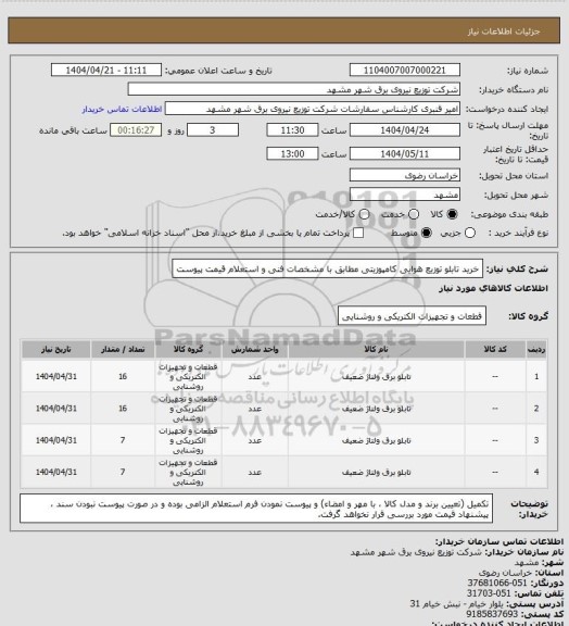استعلام خرید تابلو توزیع هوایی کامپوزیتی
مطابق با مشخصات فنی و استعلام قیمت پیوست