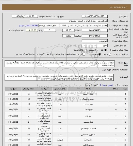 استعلام قطعان موتورآلات ترابری  کالای درخواستی مطابق با تقاضای 0332441 شماره می باشد.ایران کد مشابه است. لطفاً به پیوست مراجعه شود.