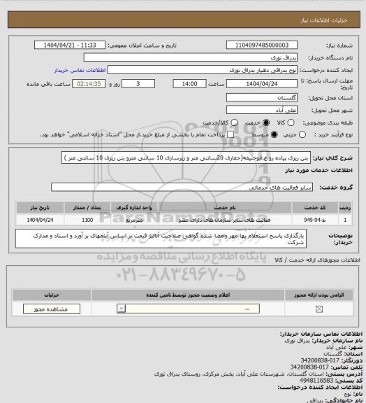 استعلام بتن ریزی پیاده رو خ ابوحنیفه(حفاری 20سانتی متر  و زیرسازی 10 سانتی مترو بتن ریزی 10 سانتی متر )