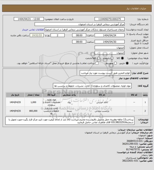 استعلام لوازم التحریر طبق لیست پیوست مورد نیاز میباشد