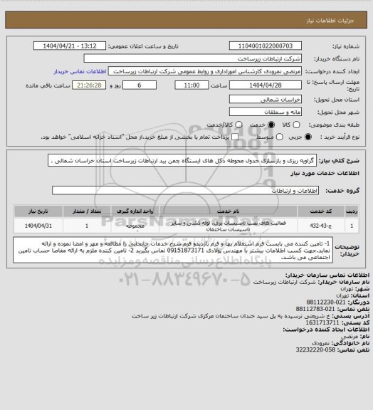 استعلام گراویه ریزی و بازسازی جدول  محوطه دکل های ایستگاه چمن بید ارتباطات زیرساخت استان خراسان شمالی .