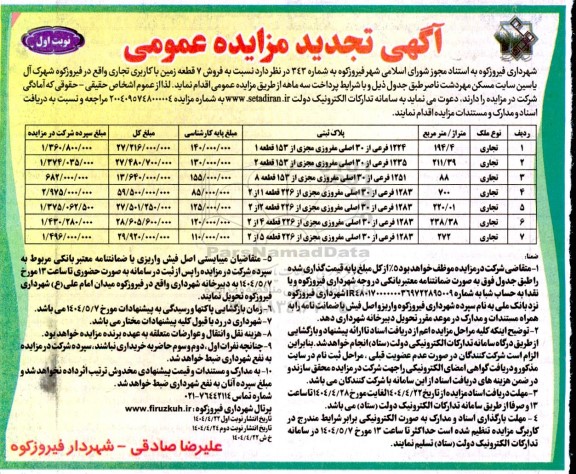 تجدید مزایده فروش 7 قطعه زمین با کاربری تجاری