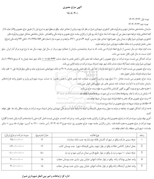 حراج حضوری بهره برداری از تعدادی غرف