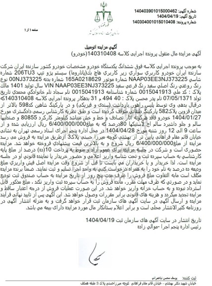 مزایده فروش ششدانگ یکدستگاه خودرو هاچ بک (پاناروما) سیستم پژو تیپ 206tu3