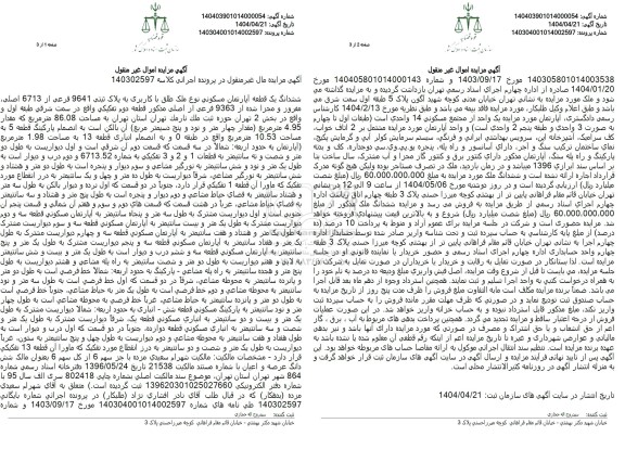 مزایده یک قطعه آپارتمان مسکونی به مساحت 86.08 مترمربع