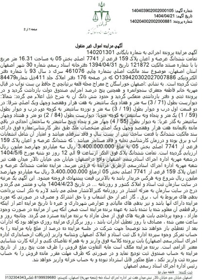 مزایده ششدانگ عرصه و اعیان پلاک 159 فرعی
