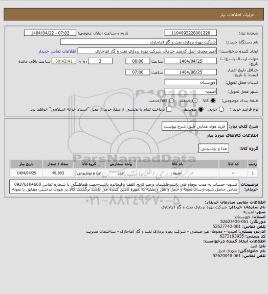 استعلام خرید مواد غذایی طبق شرح پیوست